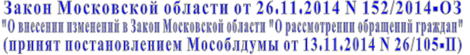 Закон Московской области от 26.11.2014 N 152/2014-ОЗ  "О внесении изменений в Закон Московской области "О рассмотрении обращений граждан"  (принят постановлением Мособлдумы от 13.11.2014 N 26/105-П)